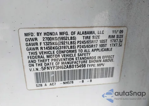 2010 Honda Pilot Ex-L from USA, damaged, VIN 5FNYF3H62AB015498